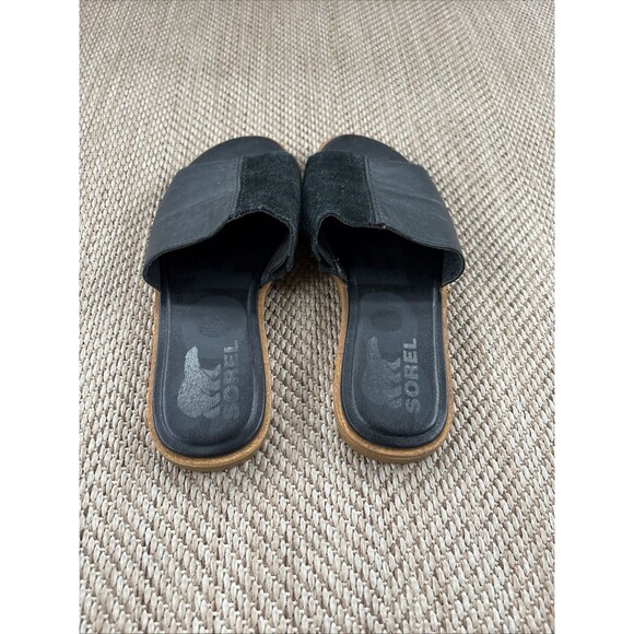 Sorel Ella II Block Suede Leather Slide Slip On Flat Sandal Black Women  6.5 - Picture 3 of 5
